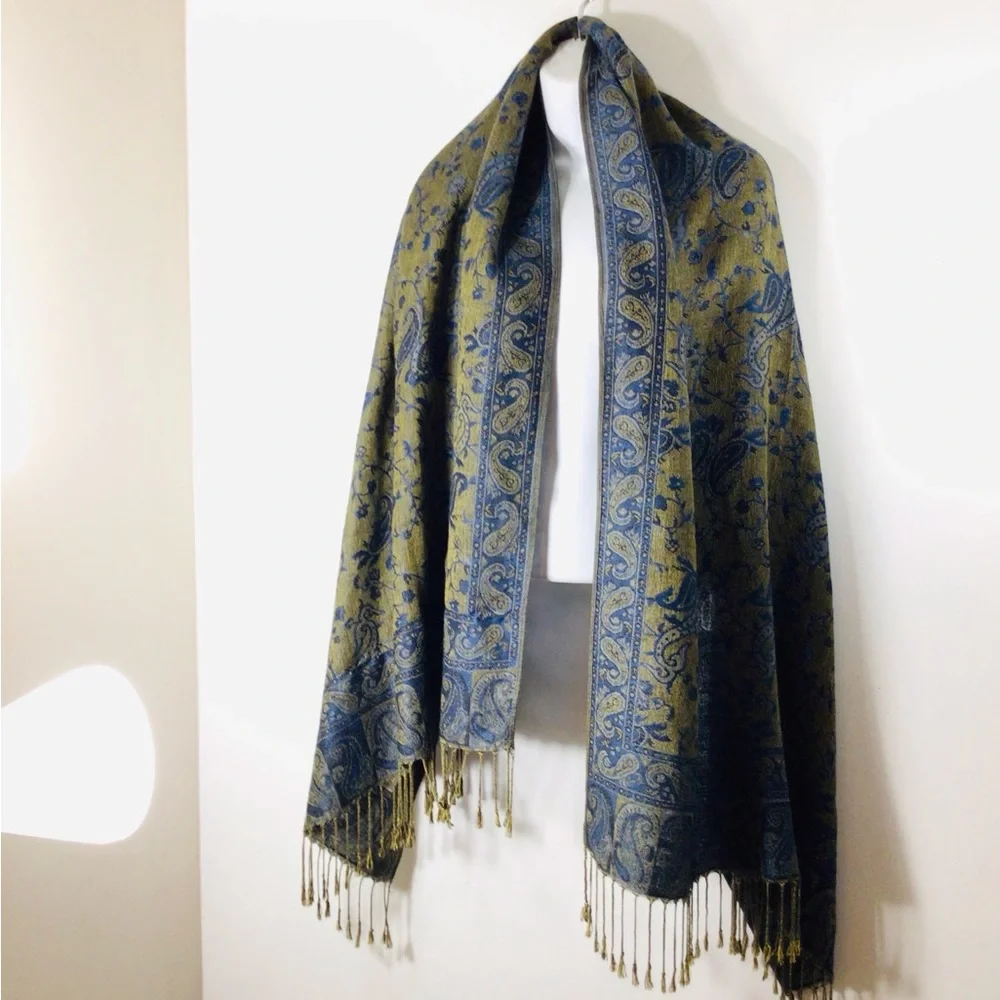 pashmina Olive Green and Navy Blue Paisley Fringe Wrap